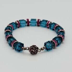 Blue Crystal Pink Rhinestone Bracelet Rose Magnetic 925 Clasp Jewelry Classic